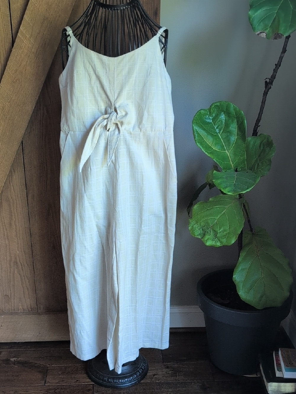Cream Sleeveless Linen Jumpsuit with Tie Waist